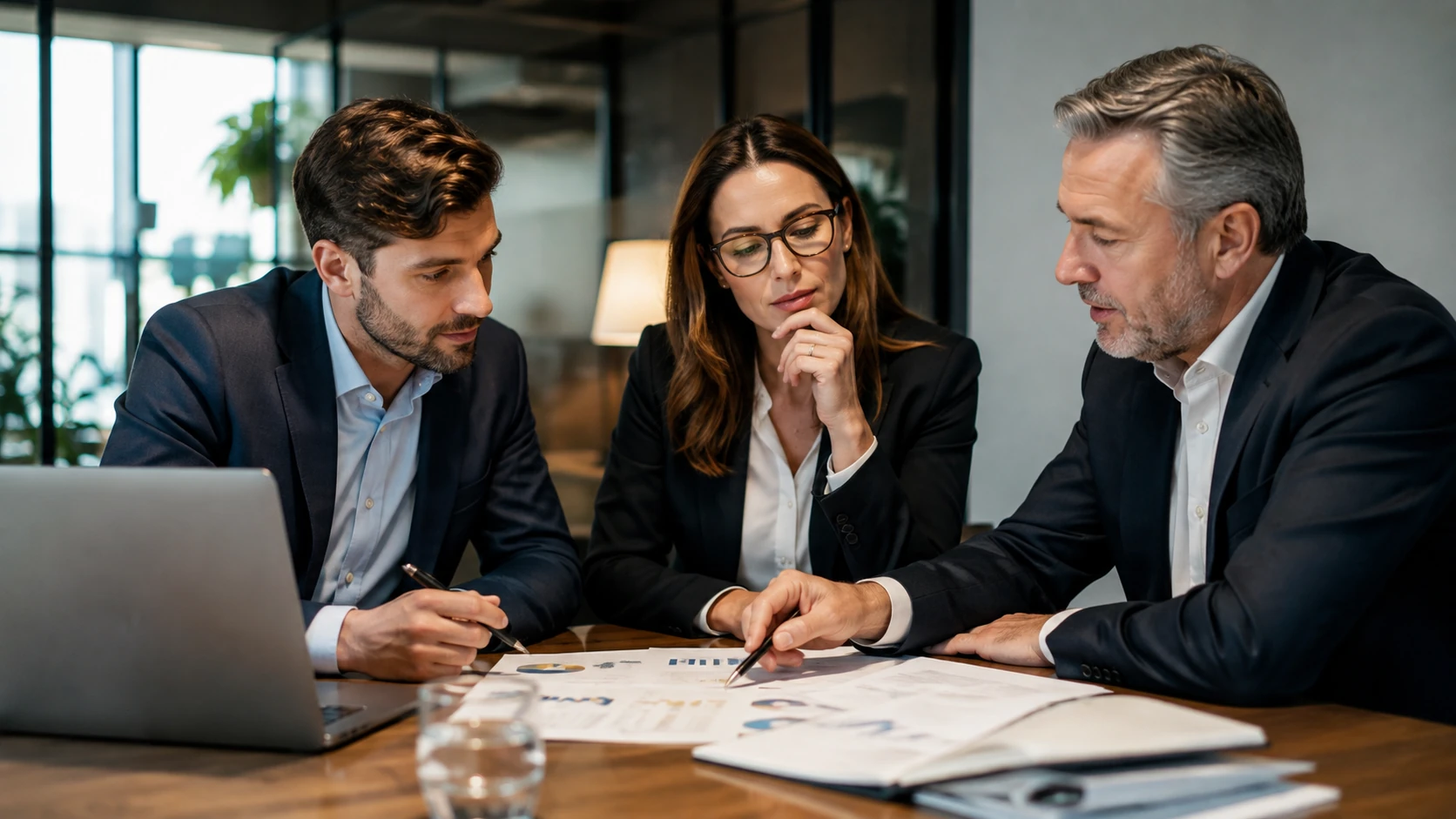 Drei Personen besprechen eine Unternehmens- und Immobilienentscheidung
